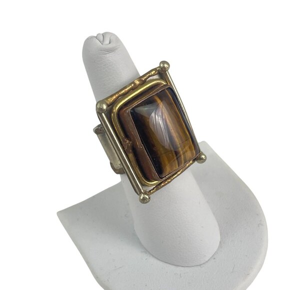 Vintage Gold-Plated Statement Ring With Rectangular Tigers Eye Gemstone & Adjust - Picture 9 of 9